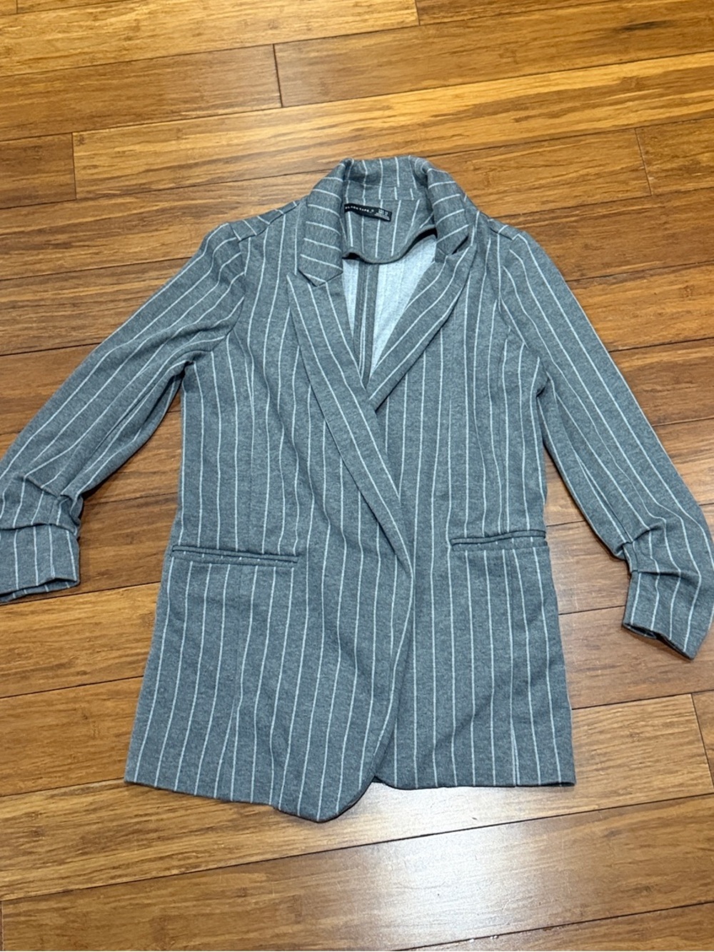 Black Tape_ Gray Pinstripe Open-Front Blazer XS